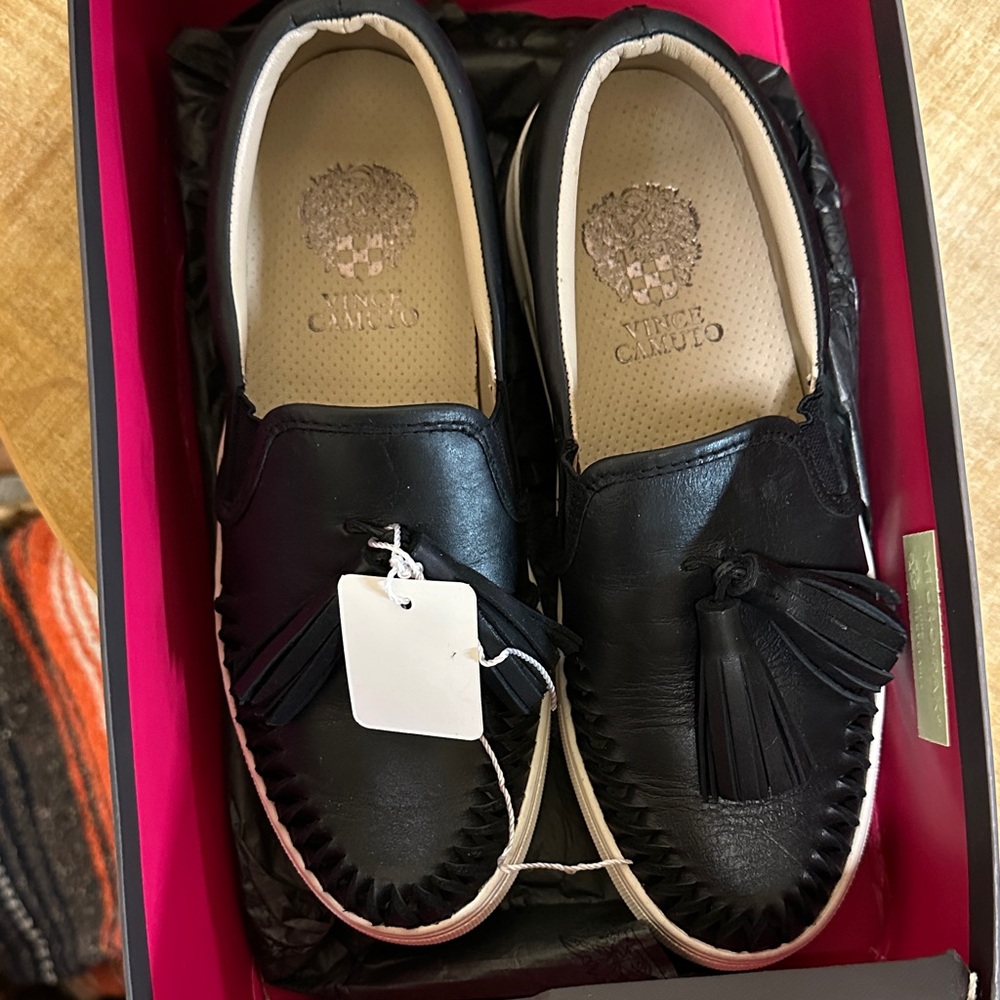 Vince Camuto Black Leather Tassel Slip-Ons